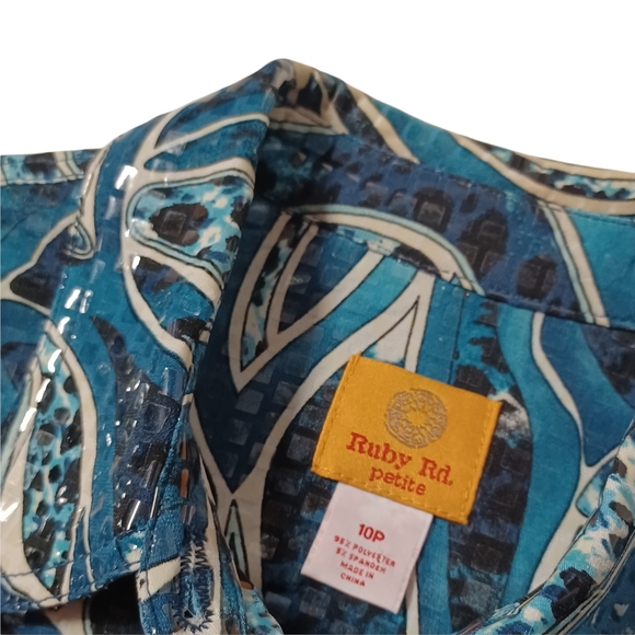 RUBY RD. Blue Black Swirl Print Iridescent Square Embellished Button Jacket 10P - Picture 2 of 5